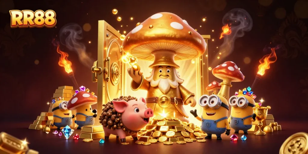 Experience RR88's treasure hunting with golden wizard magic turning gems to gold in this 3D scene.