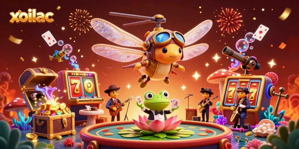 xoilac engages players with vibrant casino action featuring a dragonfly pilot and frog croupier.