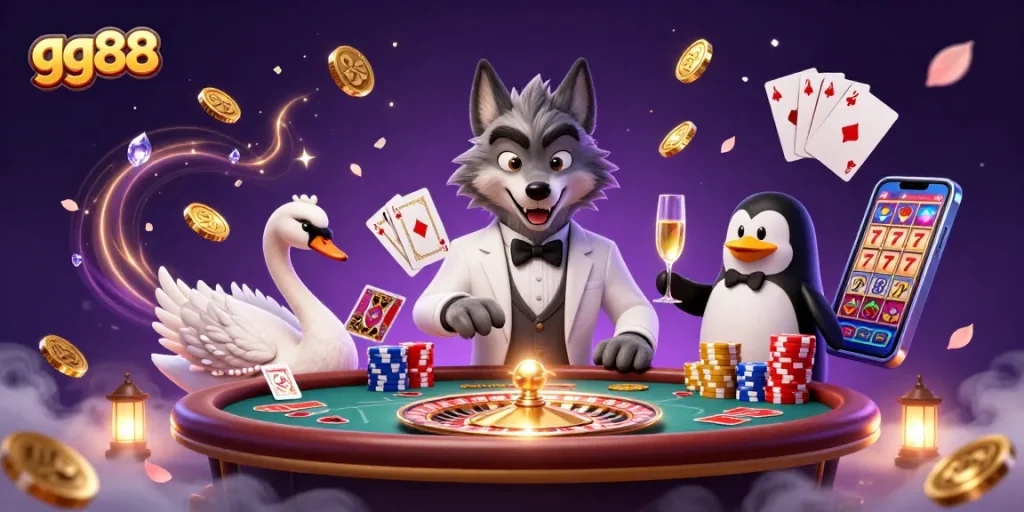 Experience thrilling gameplay at gg88 with a debonair wolf and elegant characters in a rich casino scene.