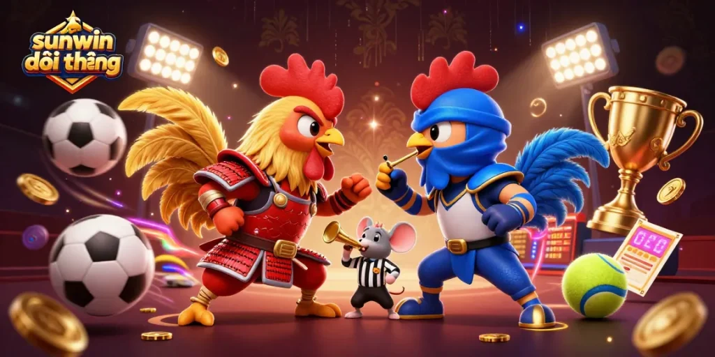 Engage with sunwin đổi thưởng through an exciting showdown of samurai roosters in a vibrant casino scene.
