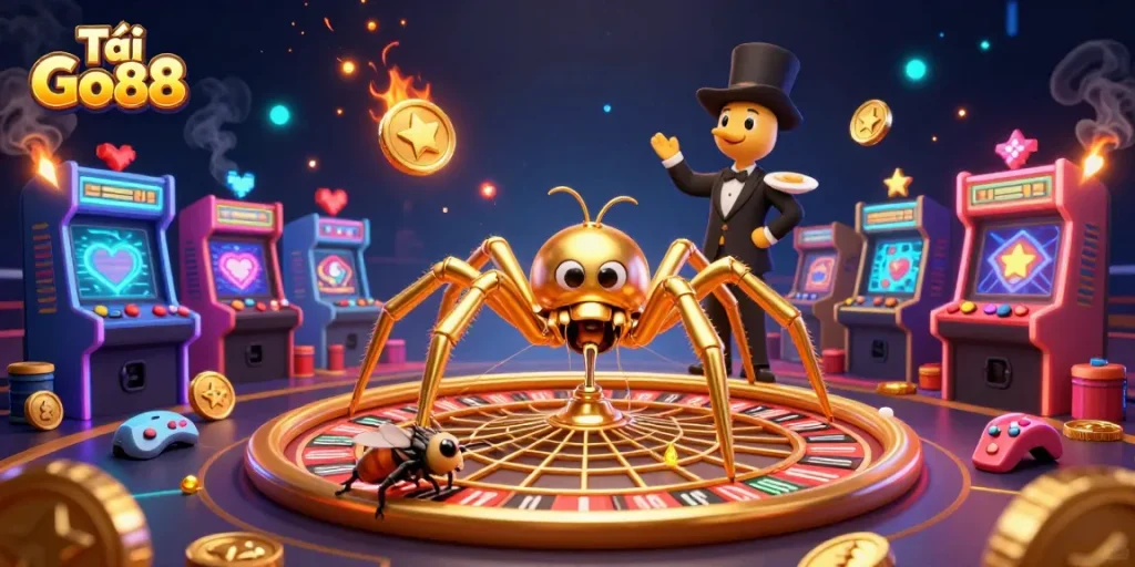 Tải Go88: An imaginative scene with a golden spider and centipede croupier in a vibrant casino atmosphere.
