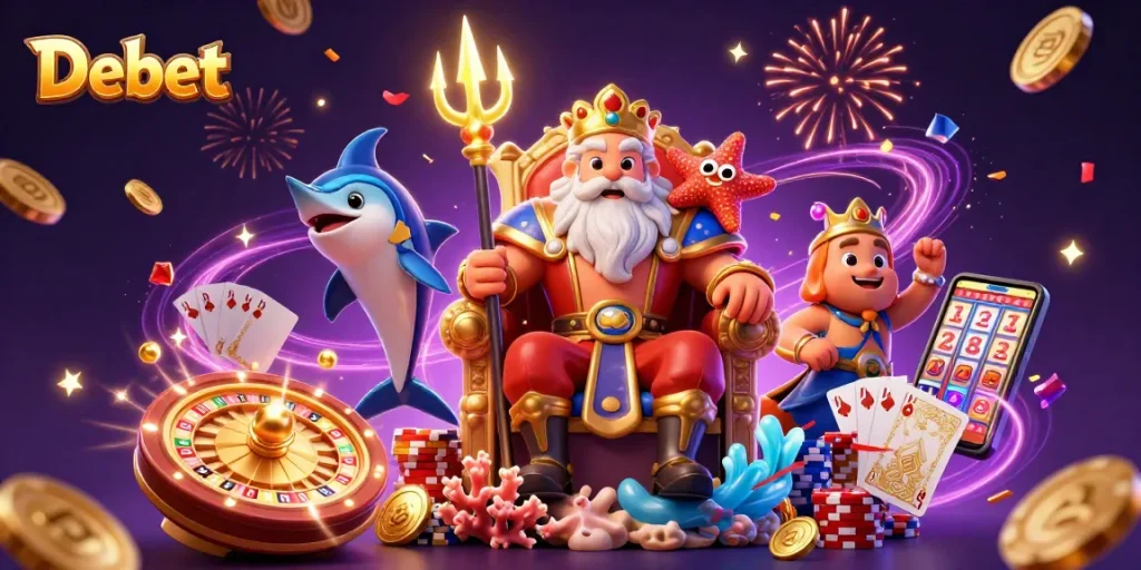 Experience the thrill of Debet with Neptune, poker chips, and cascading coins in this vibrant 3D illustration.