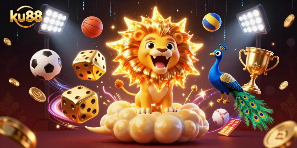 ku88 celebrates casino excitement with a dynamic 3D illustration of a roaring lion and sports elements.