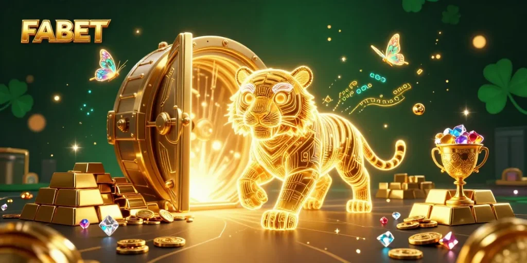 FABET showcases a vibrant digital casino scene with a neon tiger and treasures to elevate gaming excitement.