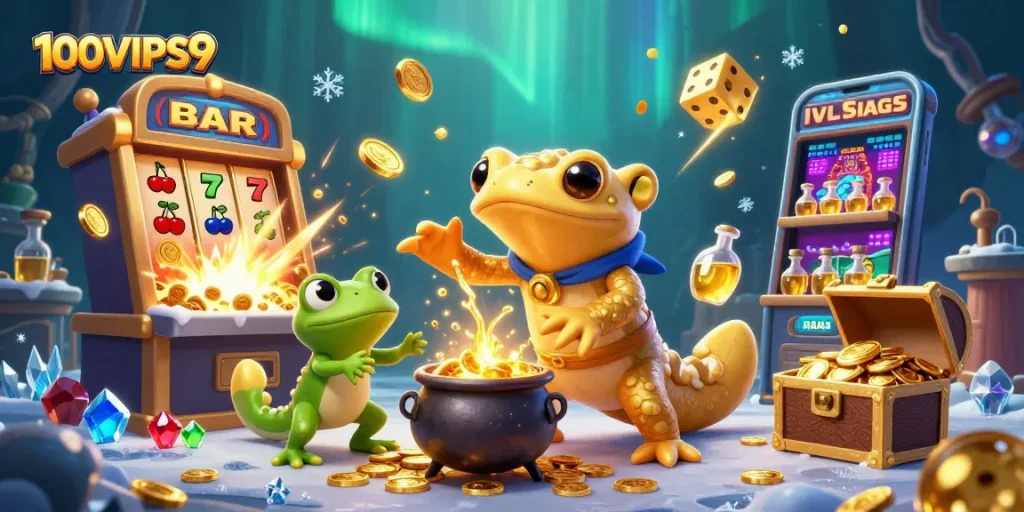 Experience the thrill of 100VIPS9 with engaging characters and winning slots in a vibrant casino setting.