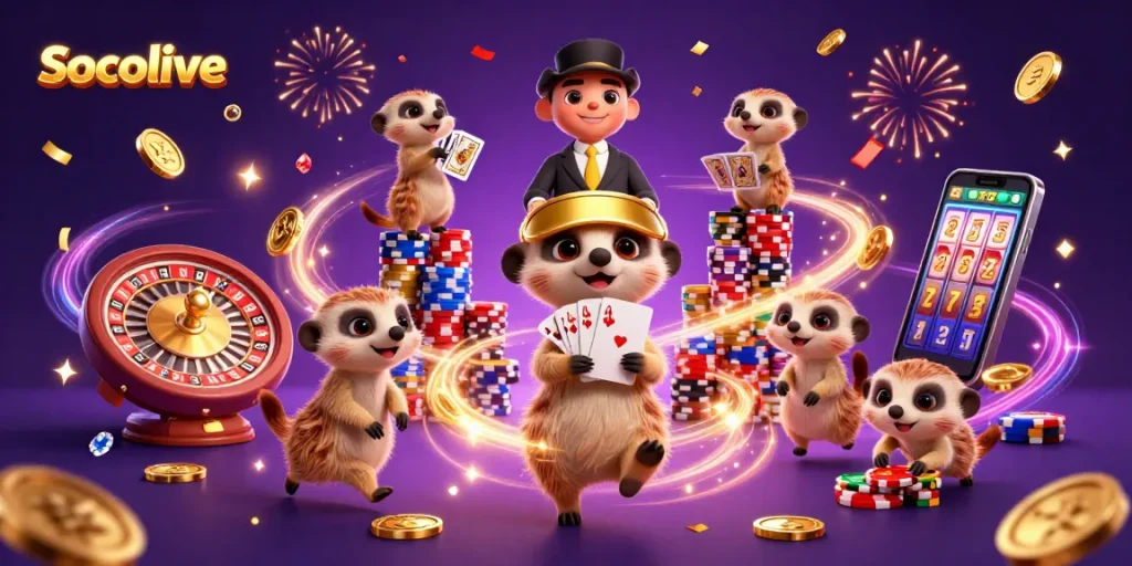 Socolive meerkats manage a vibrant, animated casino scene filled with colorful elements and excitement.
