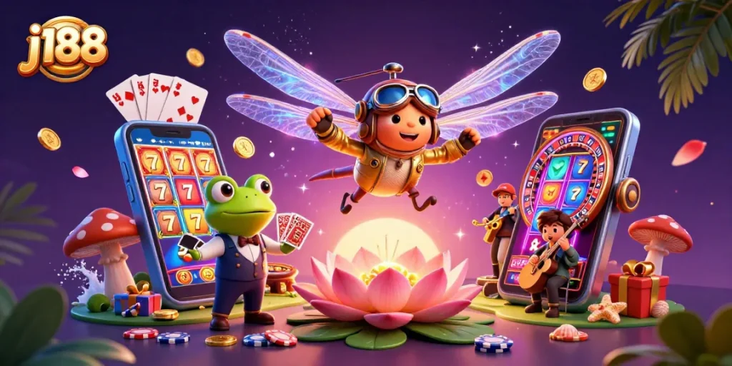 Experience j188's dynamic casino scene with a dragonfly pilot, frog dealer, and jazz musicians.