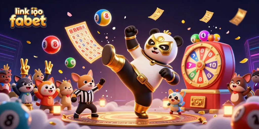 Experience the excitement of link vào fabet with a vibrant gaming scene featuring a wrestling panda, colorful lottery elements, and dynamic action.