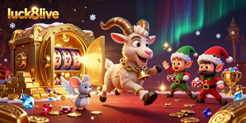 Experience the excitement of luck8live with Krampus in a lively casino scene full of treasures.