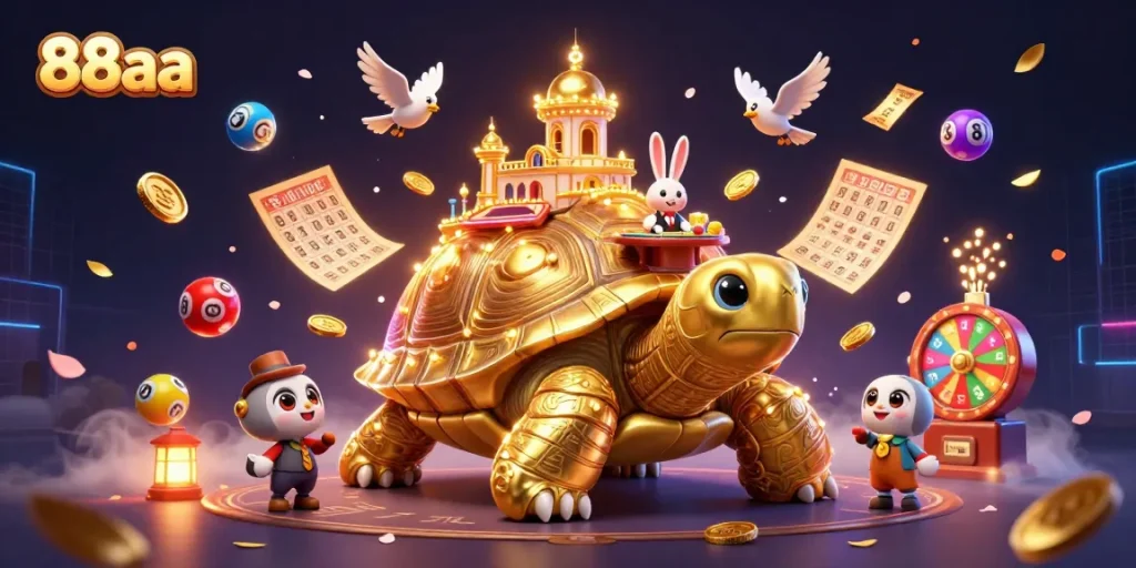 88aa rewards gamblers with a lively scene, showcasing a golden tortoise casino and vibrant gaming elements.