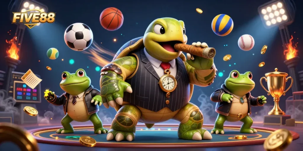 Experience thrilling action and excitement with FIVE88 in a vibrant casino scene featuring a massive snapping turtle and bullfrog enforcers.