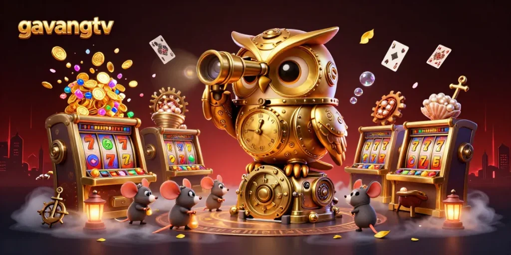 Play slot games with gavangtv behind a clockwork owl perched over a vibrant casino scene.
