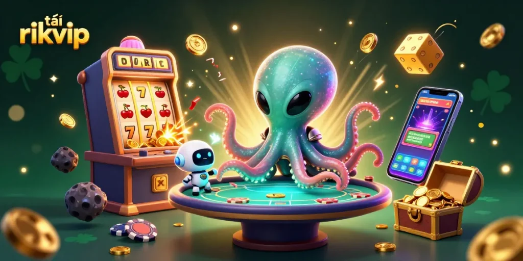 Experience the thrill of tải rikvip with a playful alien octopus at a cosmic casino table.