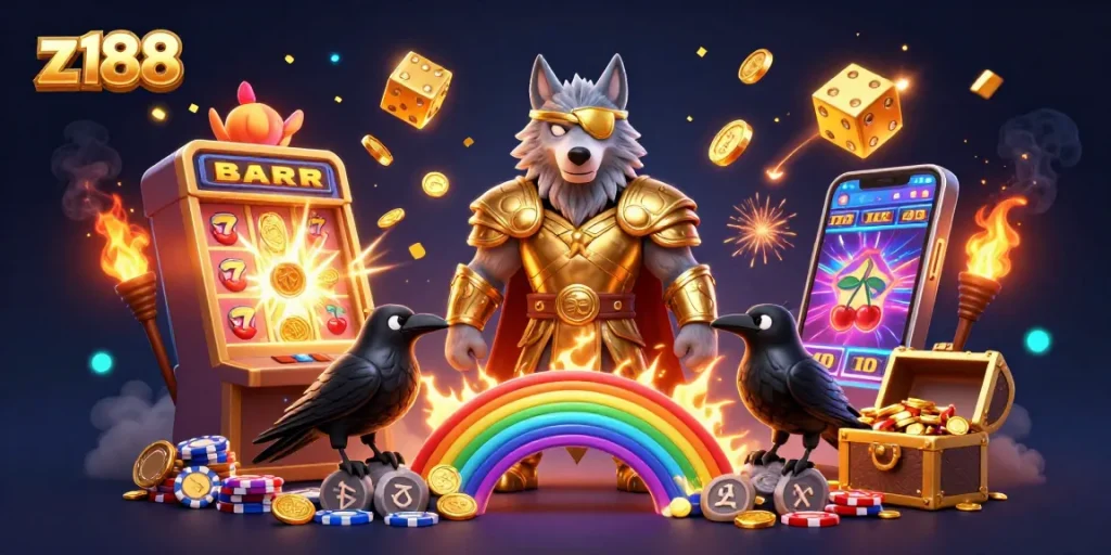 Spin and win at z188 with Odin's legendary touch and overflowing jackpots in a vibrant casino scene.