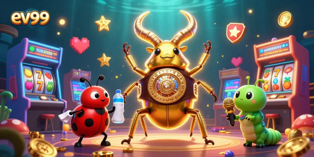 Sparking excitement at ev99, a golden stag beetle stands strong with vibrant slot machines around it.