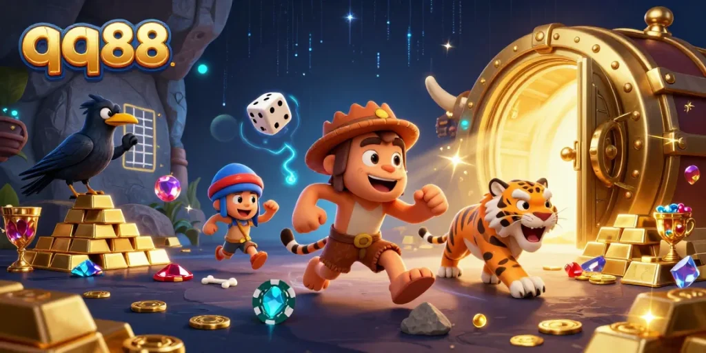 Experience the thrill at qq88 with prehistoric casino action featuring a caveman, tiger, and treasure.