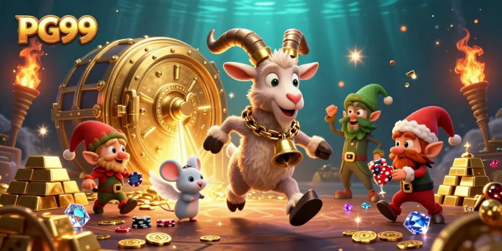 PG99 players enjoy thrilling moments in a vibrant casino scene filled with gems and treasures