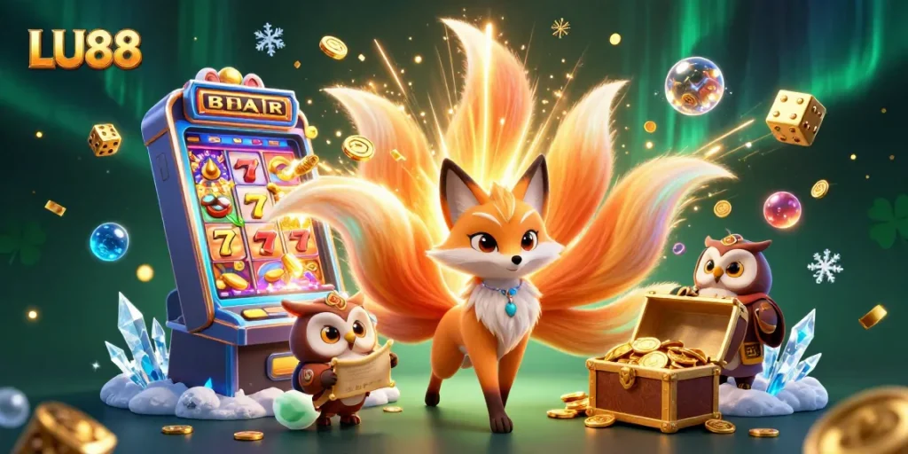 Experience exciting wins with LU88 at a vibrant casino illustration featuring animated spirits and colorful game elements.