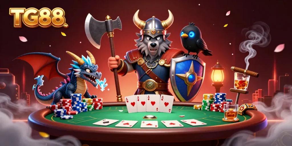 Engage in a thrilling game at TG88COM with Viking warrior, dragon, and raven around poker elements.