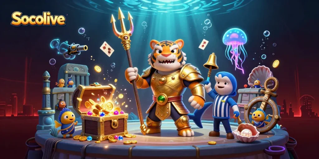 Socolive provides an exhilarating underwater adventure with a golden shark gladiator engaging in a rich gambling scene.