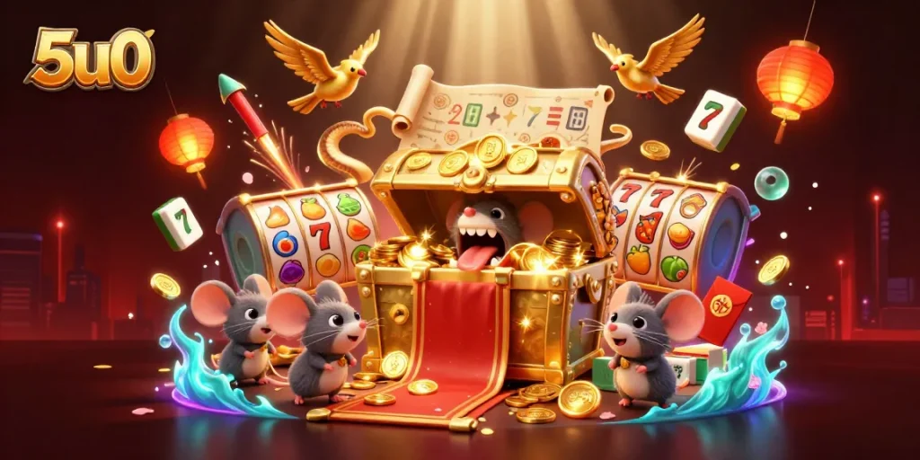 Experience the thrill of 5u0 with vibrant slot reels, golden treasures, and lucky symbols in a dynamic casino scene.