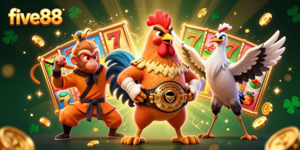 Engage in vibrant casino excitement with five88 featuring a Muay Thai rooster, Shaolin monkey, and wise crane.