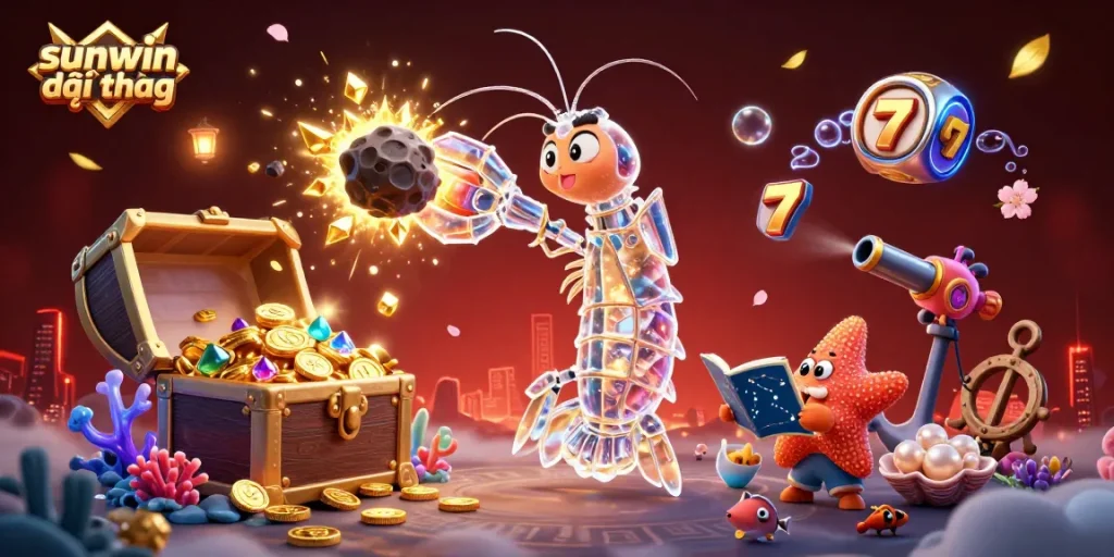 Engage in online gaming thrills with sunwin đổi thưởng featuring a vibrant, dynamic casino scene filled with treasures and characters.