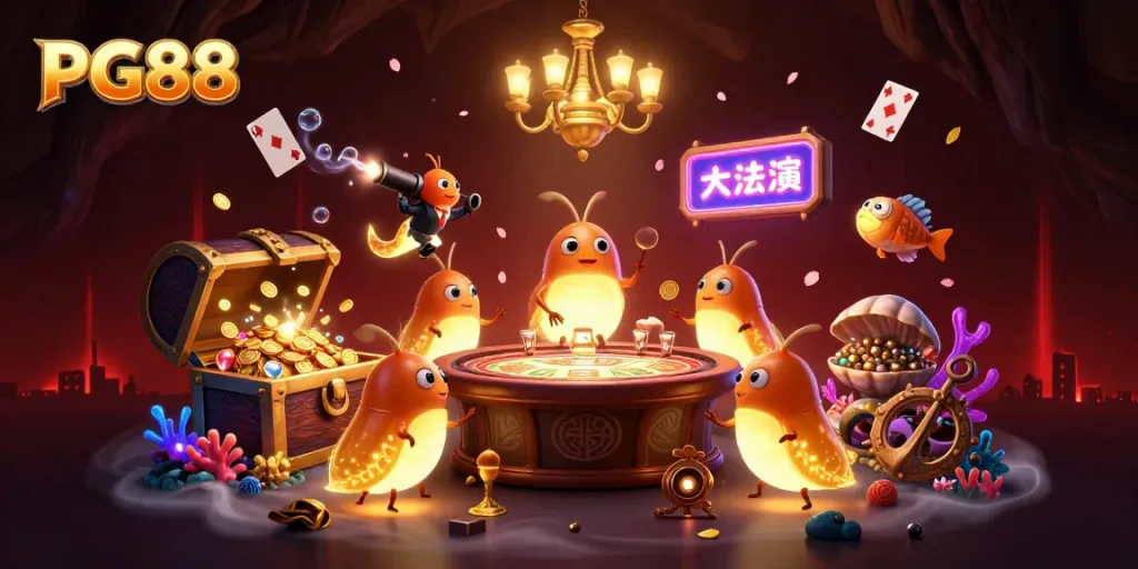 Experience PG88's vibrant casino world with glowworms illuminating an underwater treasure-filled scene.