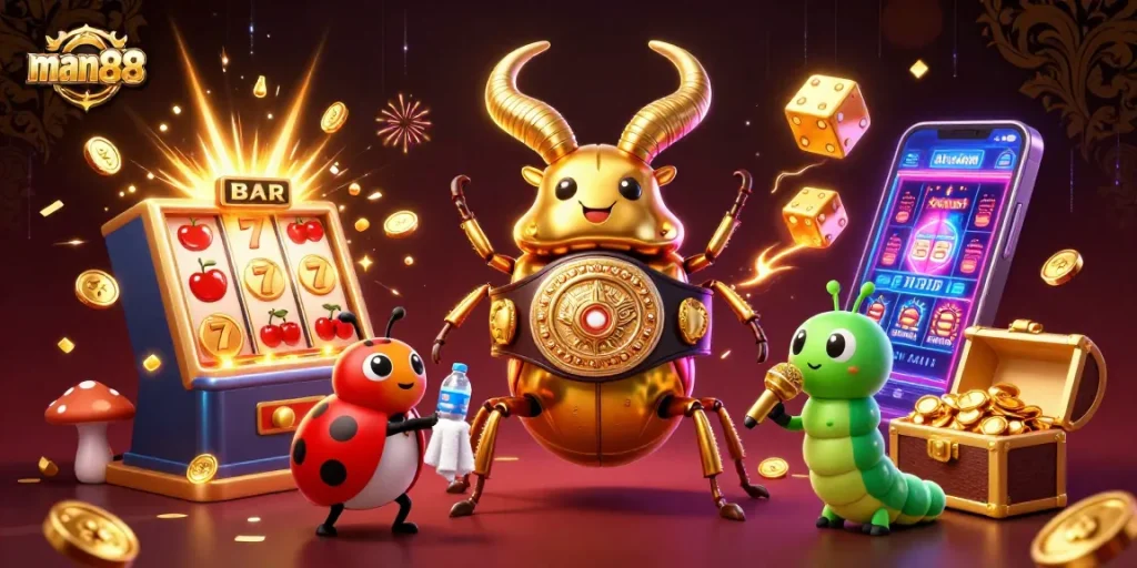 Experience thrilling wins at man88 with a vibrant casino scene featuring dynamic characters and gambling elements.