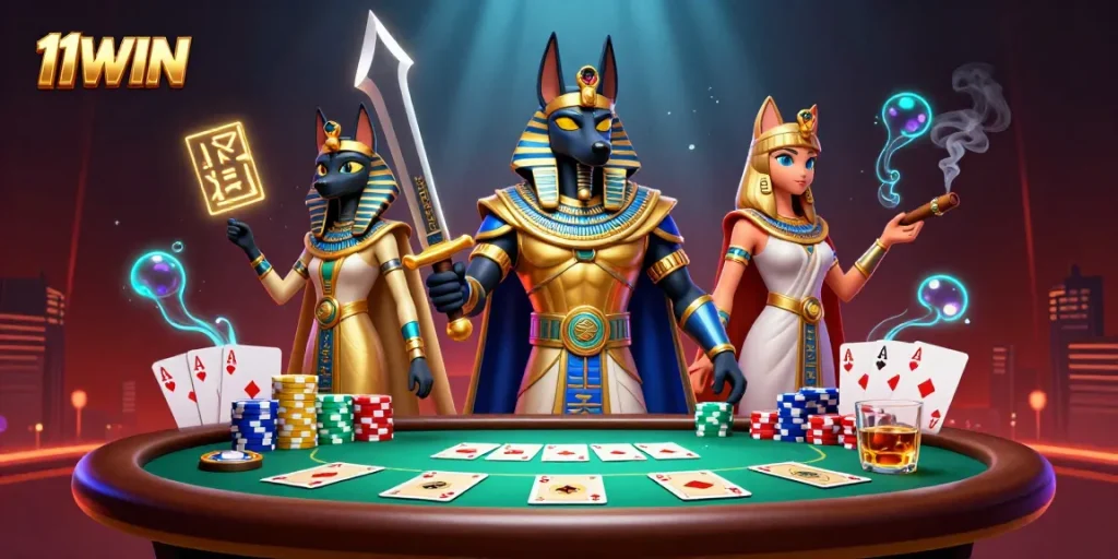 Engage in thrilling poker at 11WIN with Anubis and Bastet amidst a vibrant casino scene.