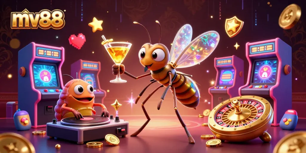 Experience the excitement of mv88 with vibrant elements in a 3D casino illustration.