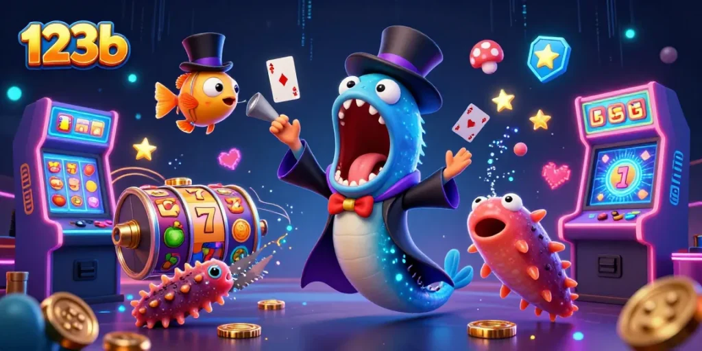 Engage with 123b's exciting casino atmosphere showcasing bioluminescent characters and vibrant gaming elements.