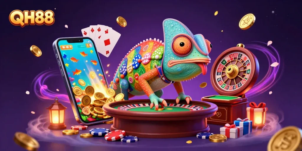 Experience thrilling fish shooting with QH88, featuring a vibrant chameleon and explosive wins.