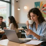 Young woman enjoying rokok88 in trendy cafe while socializing and working.
