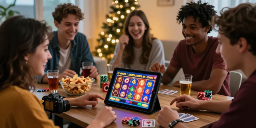 Excited friends enjoying non UK casinos for UK players in a cozy living room.