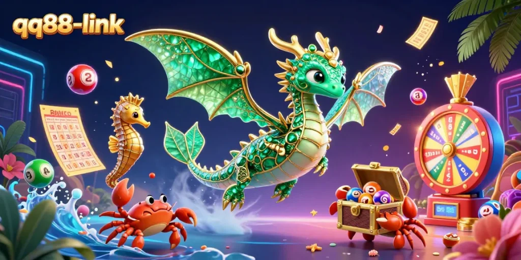Engage with exciting promotions at qq88-link, featuring fun lottery elements in a vibrant 3D illustration.