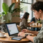 Instagram Follower kaufen: Junger Profi in einem Café, Instagram auf Laptop nutzen.