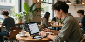 Instagram Follower kaufen: Junger Profi in einem Café, Instagram auf Laptop nutzen.
