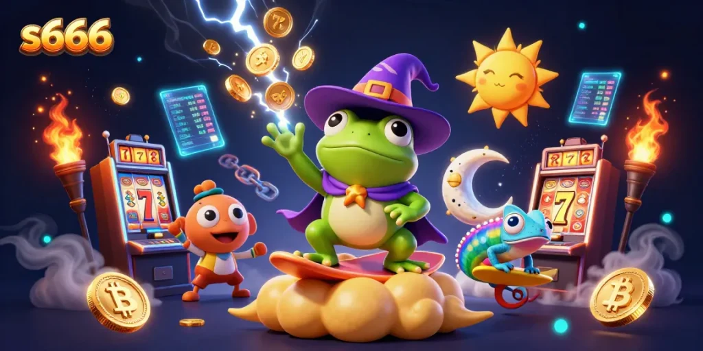 S666 players experience thrilling gold coin storms with the wizard frog in a vibrant 3D casino illustration.