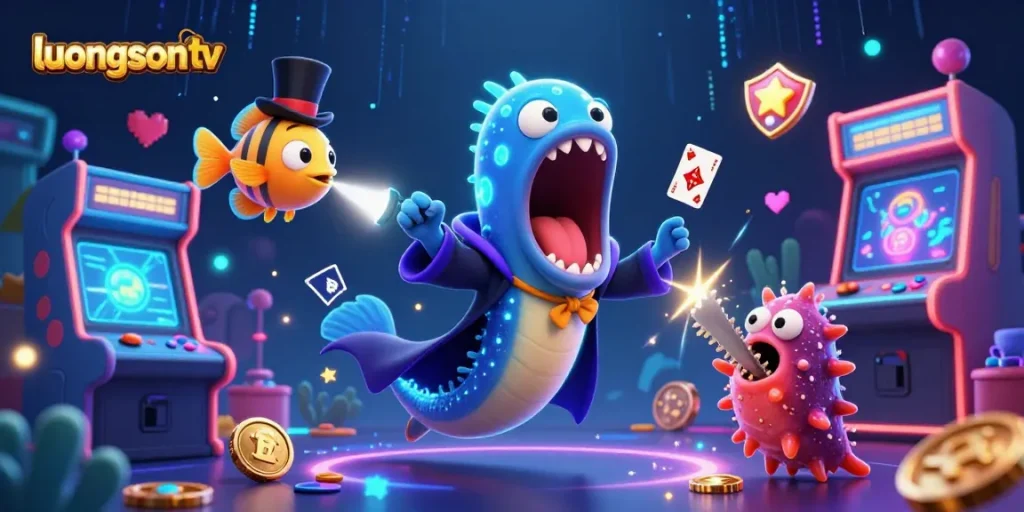 Experience thrilling card tricks at luongson tv with animated deep-sea eels and arcade excitement.