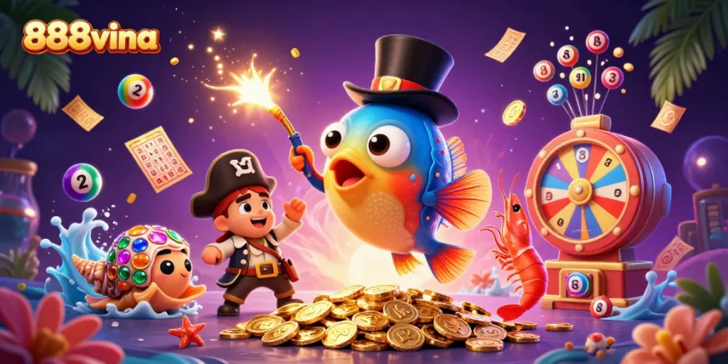 Engage with dynamic 888vina gaming content featuring a glowing anglerfish and treasure elements.