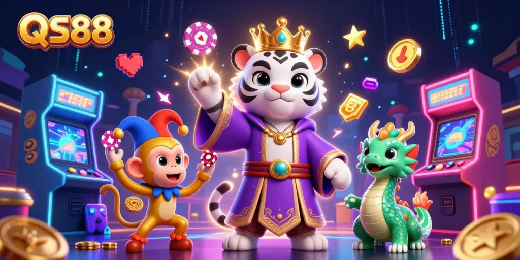 Experience the excitement of QS88 with a lively scene featuring a tiger and monkey amid vibrant casino elements.