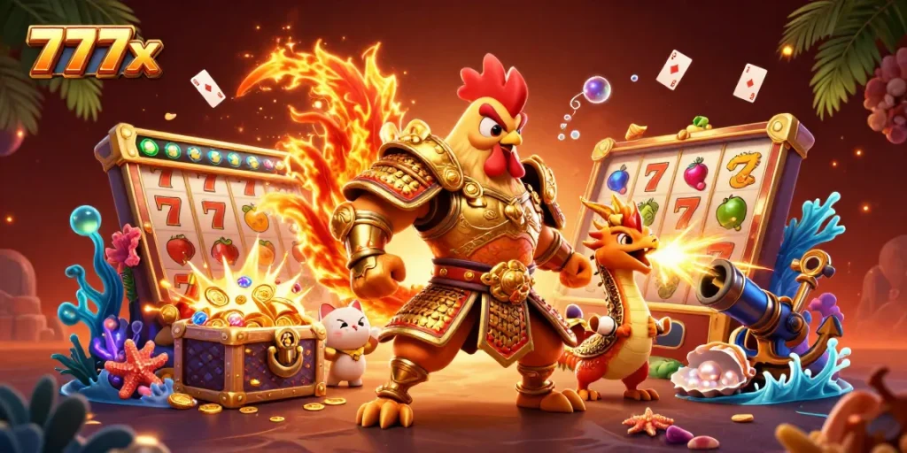 Experience thrilling slot action with 777x as a rooster warrior and dragon hatchling unite!