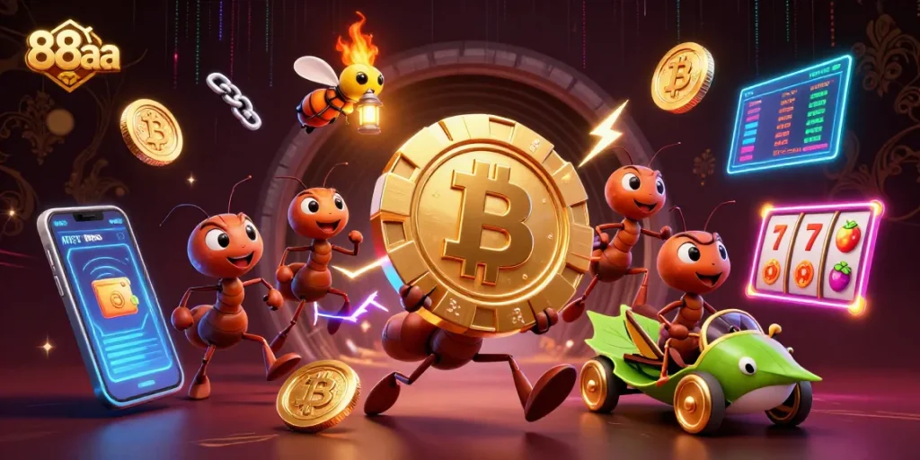 Experience the thrill of 88aa as cartoon ants heist a massive poker chip amidst crypto-themed elements.