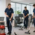 Professionelle Gebäudereinigung Düsseldorf: Reinigungsteam bei der Arbeit in einem hellen Büro.