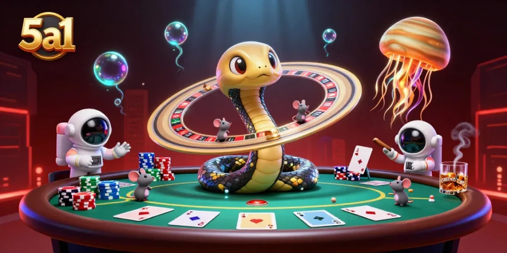 5a1 showcases a thrilling gaming scene with a cosmic dealer and betting astronaut mice.