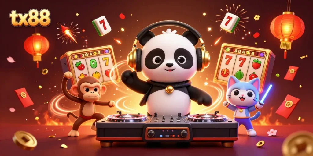 Enjoy the vibrant tx88 casino atmosphere with a DJ panda spinning, vibrant colors, and exciting game elements.