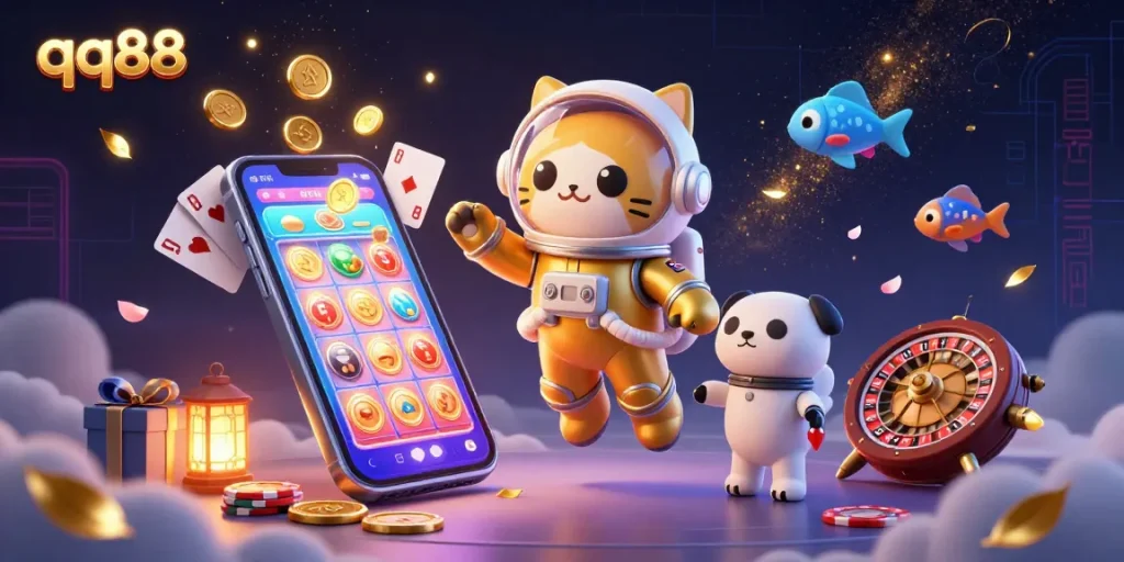 Experience thrilling gaming action with qq88, featuring a colorful slot game on a smartphone amid a vibrant alien atmosphere.