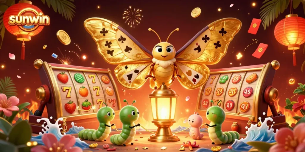 Sunwin's vibrant 3D illustration showcases a golden-winged moth atop a lantern amid rich casino elements.