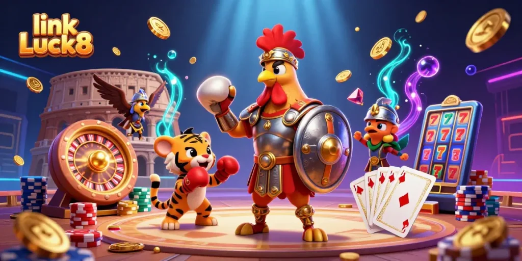 Experience the excitement of gambling with link Luck8 in this vibrant 3D illustrated scene.